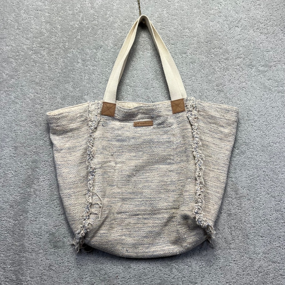 Kiwi Saint-Tropez Tote Bag Cream Blue Woven Cotton Fringe Leather Trim Beach Bag